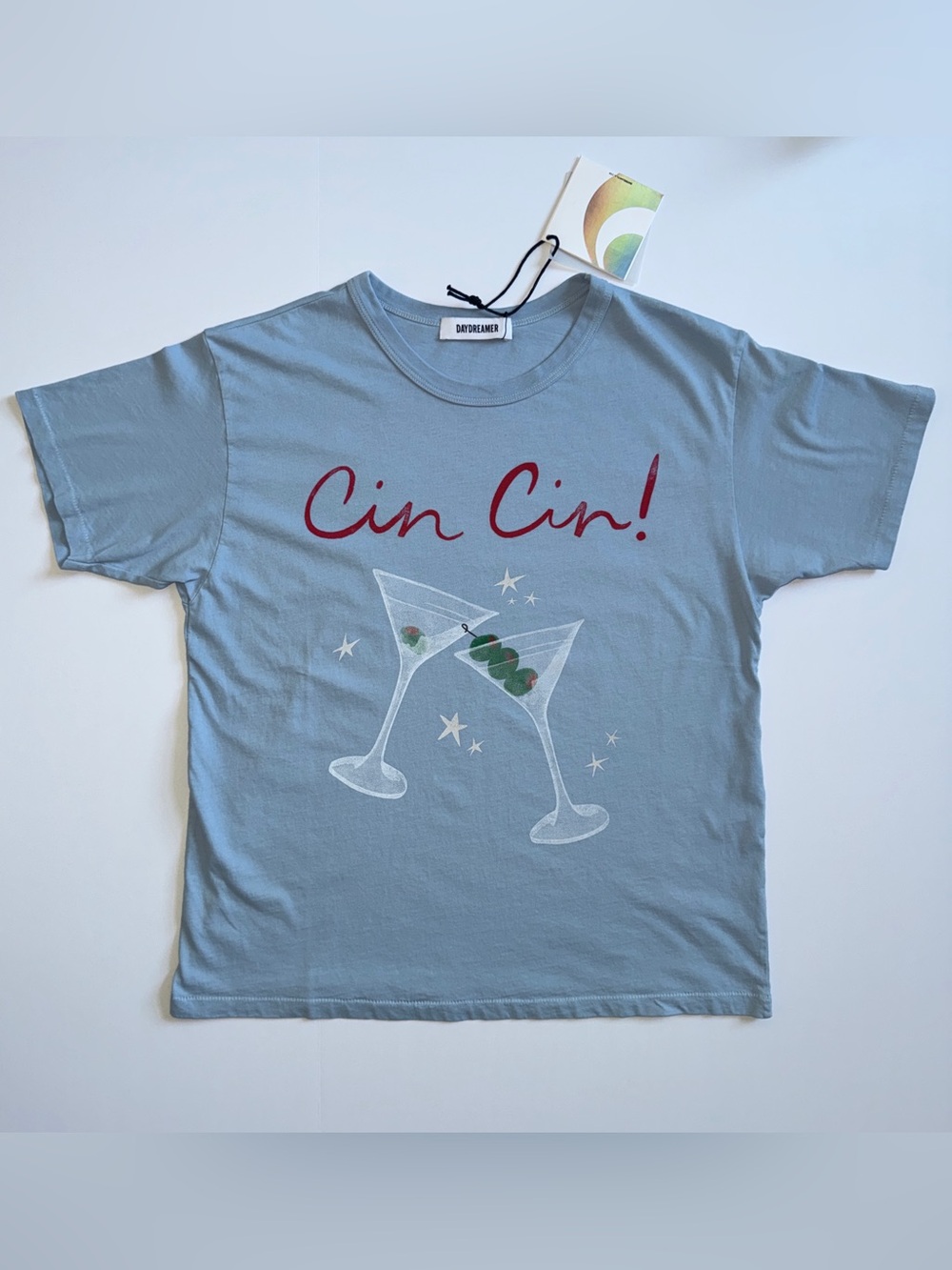 NWT Daydreamer Light Blue 'Cin Cin!' Graphic Tee with Martini Print